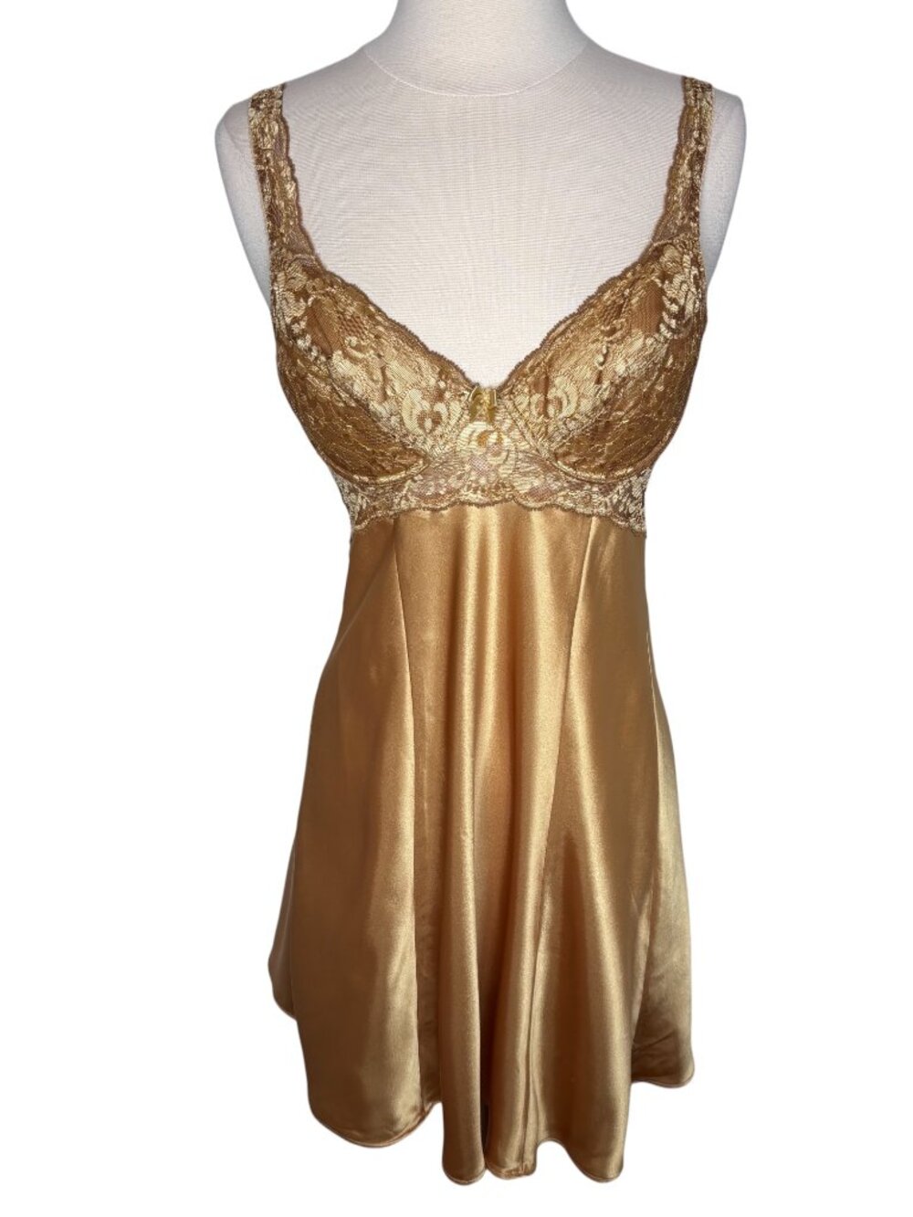 Vintage Victoria's Secret Gold Satin Slip Dress Floral Lace Trim Size Small